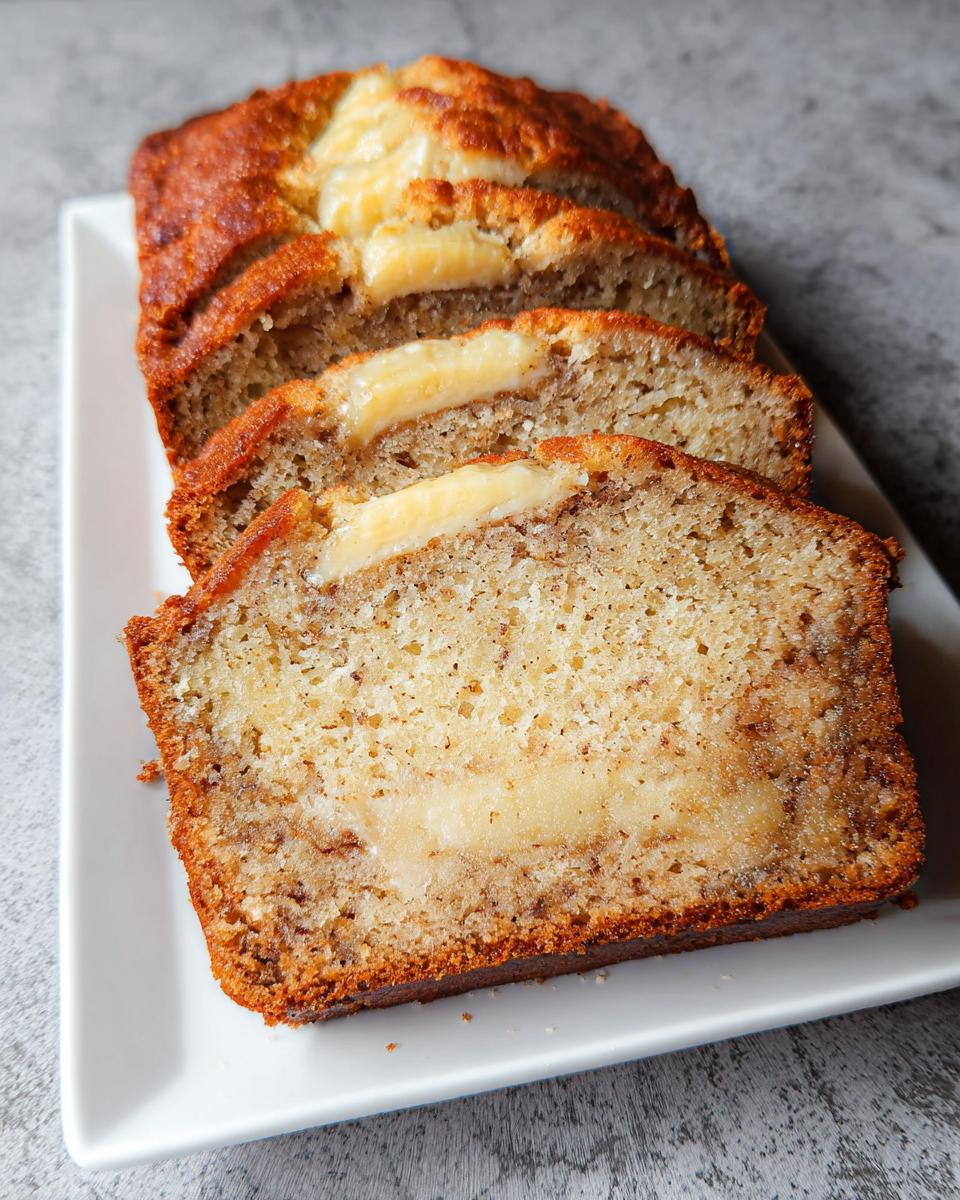 Close-up of sliced Buttery Sour Cream Banana Bread showing a creamy filling layer.