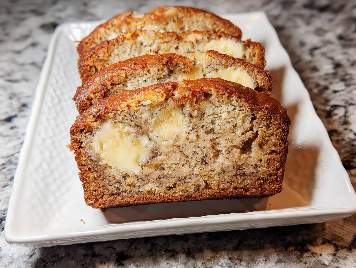 Close-up of sliced Buttery Sour Cream Banana Bread showing a moist crumb and a visible cream cheese filling swirl.