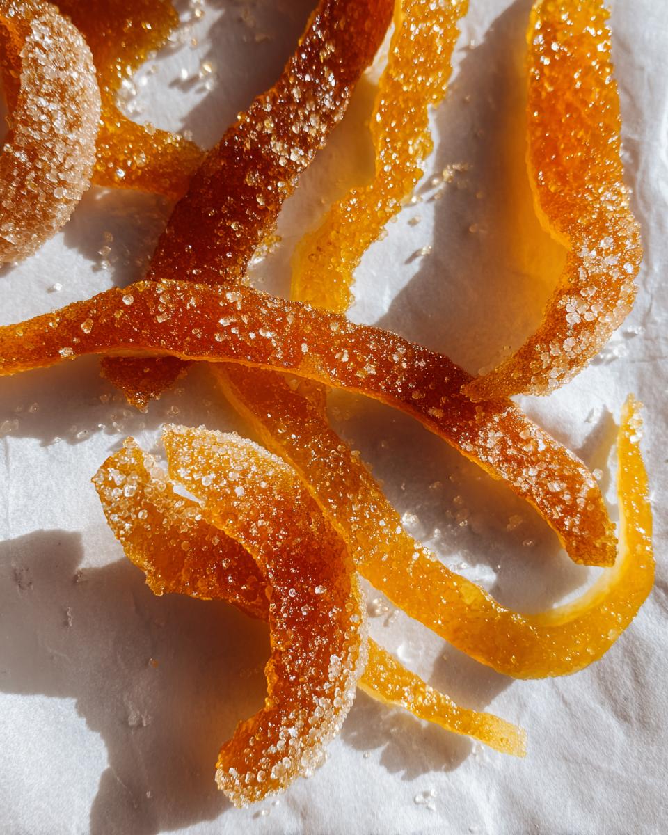 Close-up of glistening candied orange peel strips coated in coarse sugar, ready for Mixed Peel with Brown Sugar recipes.
