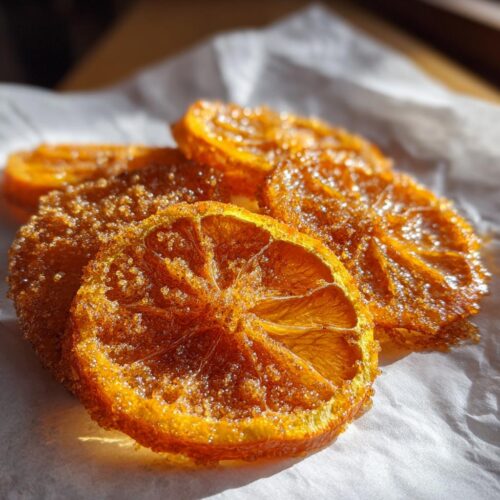 Close-up of glistening, bright orange Candied Orange Slices with Cinnamon Sugar resting on white parchment paper.