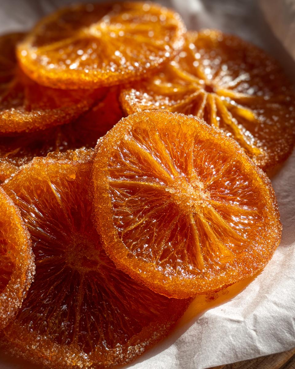 Close-up of glistening, deep amber Candied Orange Slices with Cinnamon Sugar piled on parchment paper.