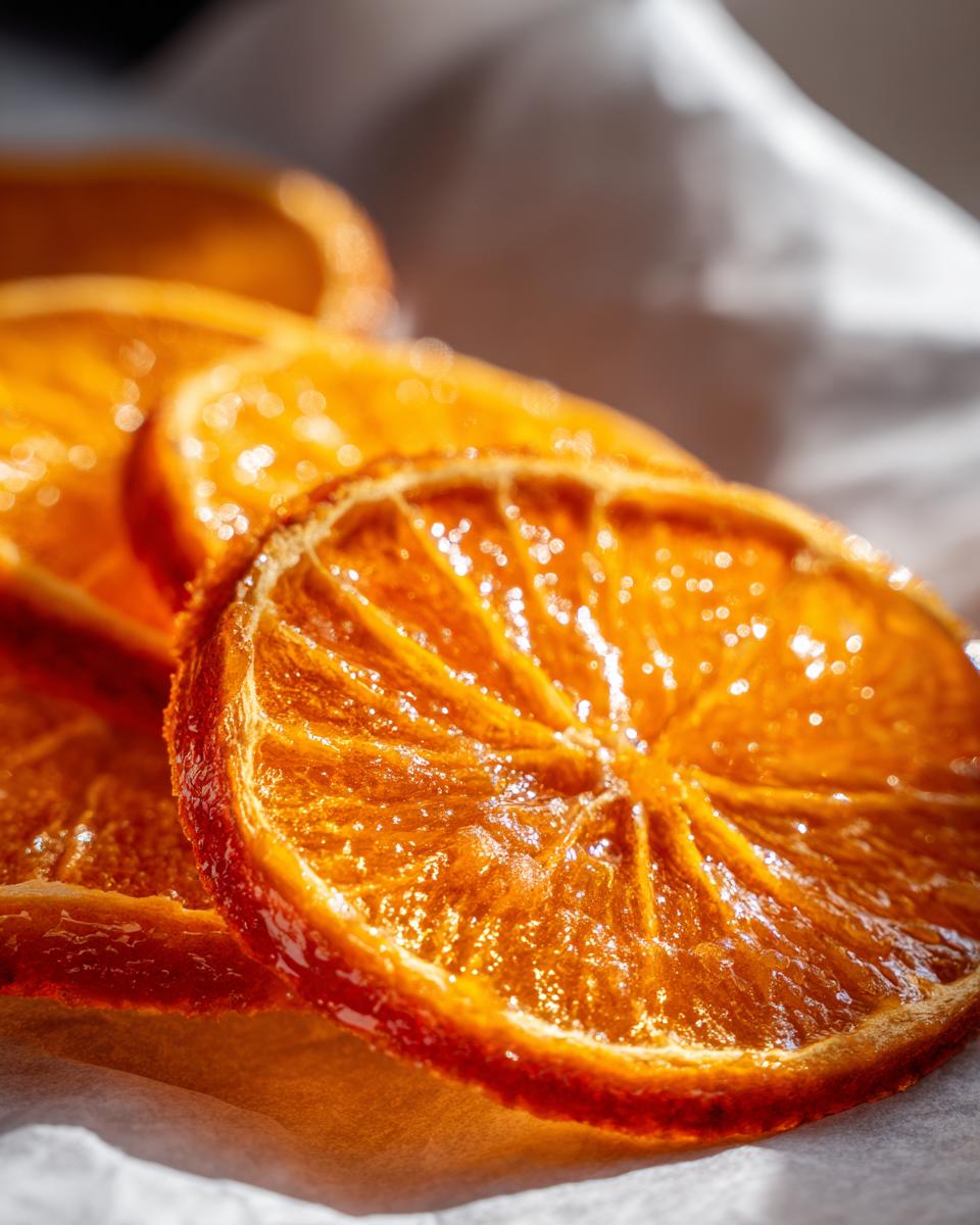 Close-up, glistening shot of several Candied Orange Slices with Cinnamon Sugar resting on white parchment paper.