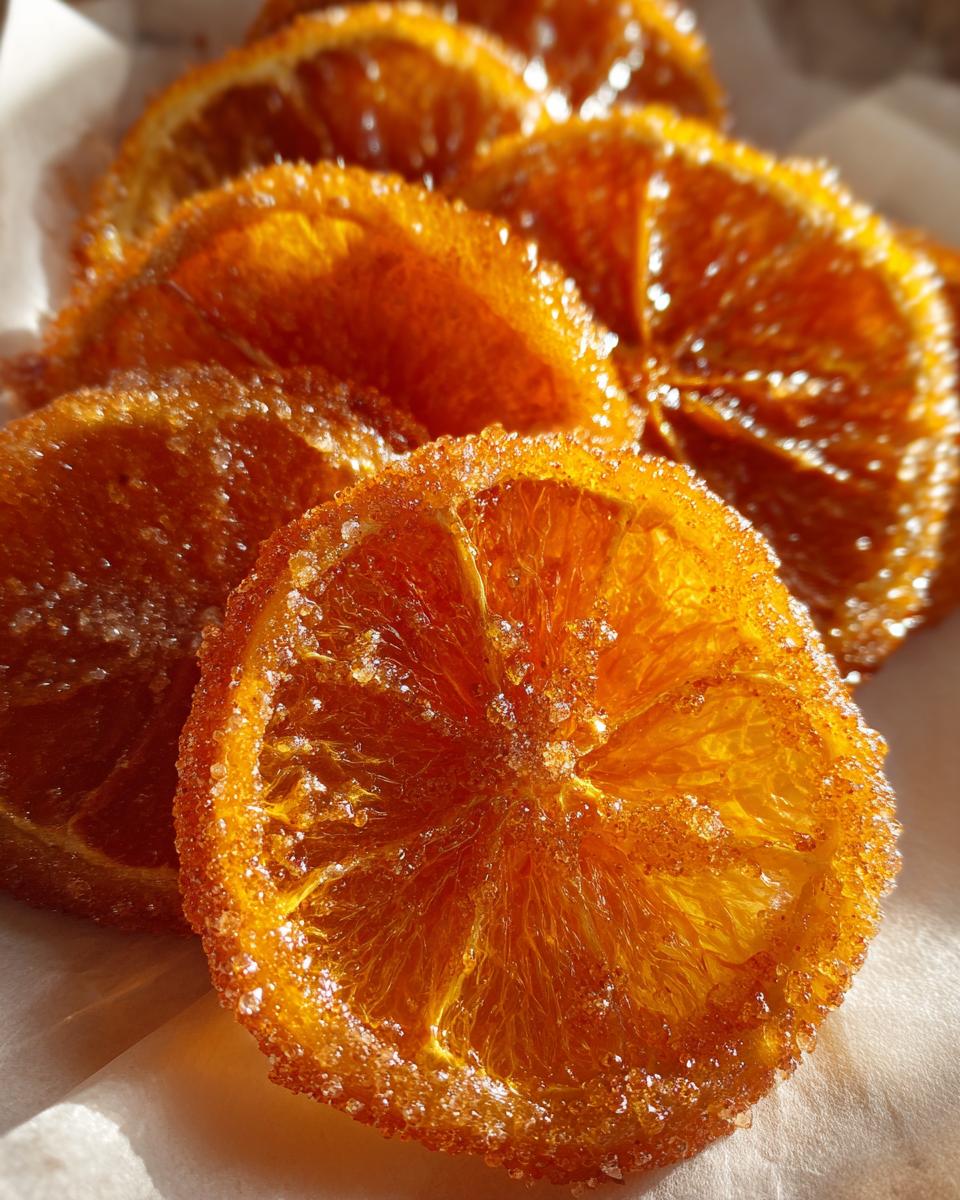 Close-up of glistening, bright orange slices coated in coarse sugar, ready to eat, featuring Candied Orange Slices with Cinnamon Sugar.