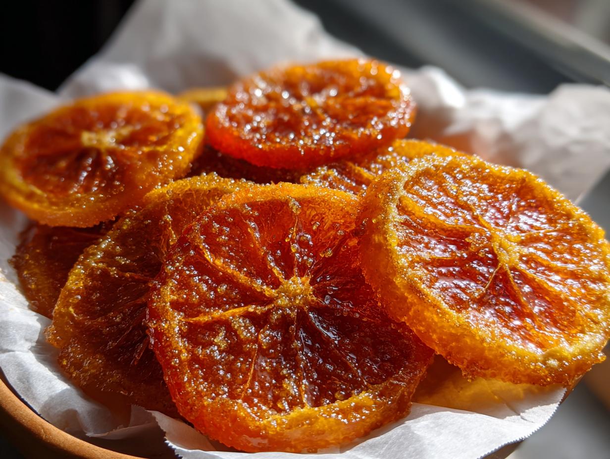 Close-up of glistening Candied Orange Slices with Cinnamon Sugar piled on white parchment paper.