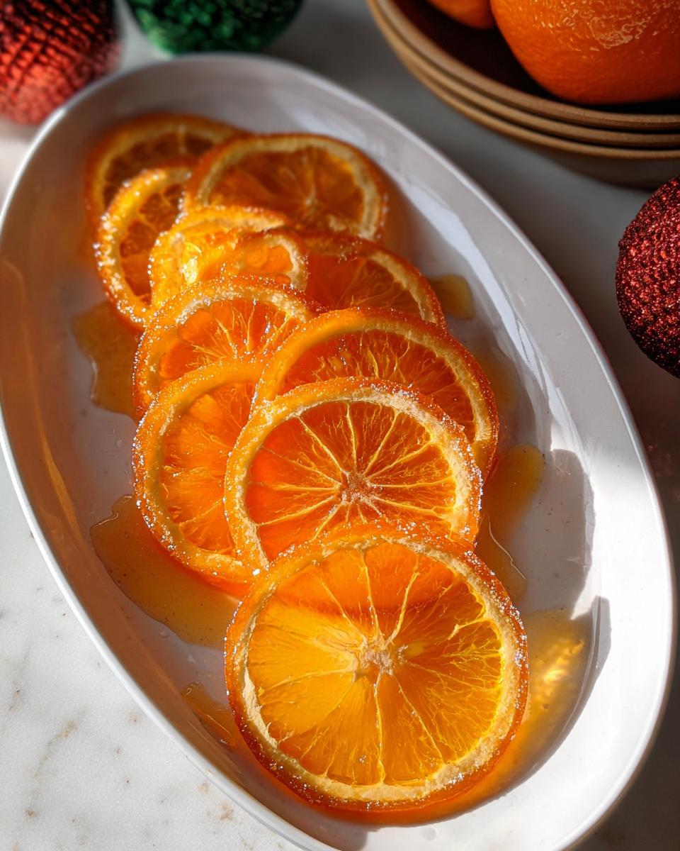 Close-up of glistening Candied Orange Slices with Vanilla Syrup arranged on a white platter.