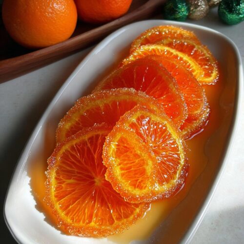 Close-up of glistening Candied Orange Slices with Vanilla Syrup, coated in sugar, served in a white dish.