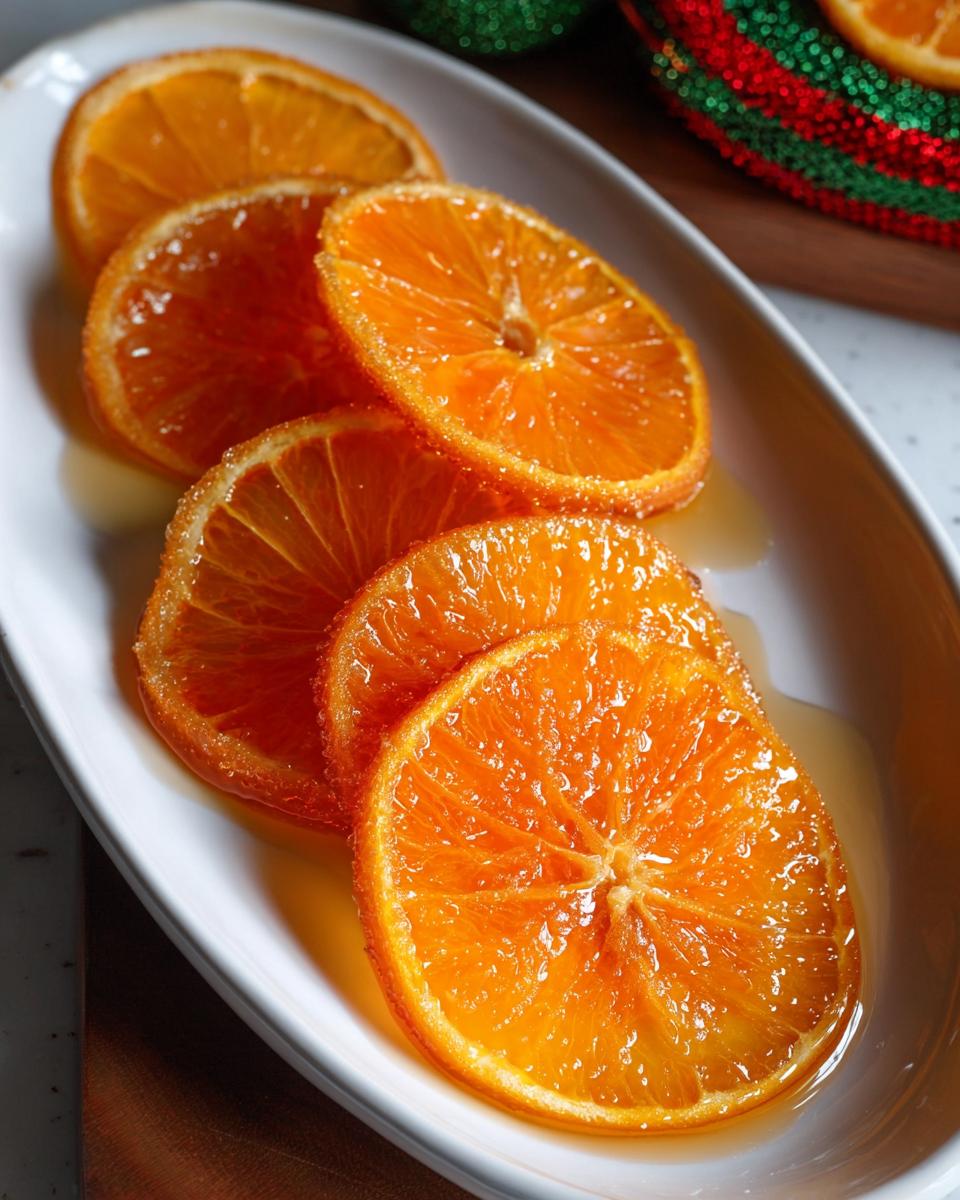 Close-up of glistening Candied Orange Slices with Vanilla Syrup arranged on a white dish.