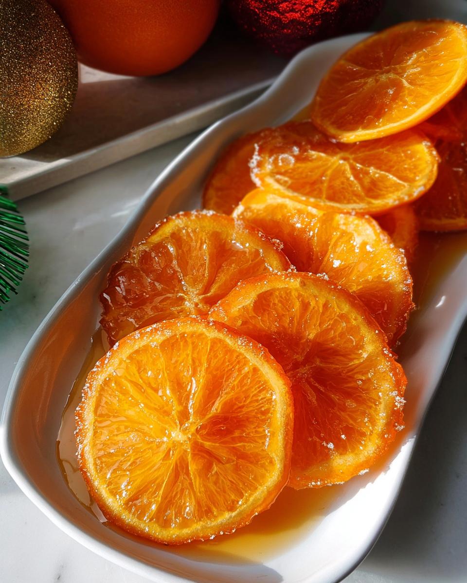 Close-up of glistening Candied Orange Slices with Vanilla Syrup, sprinkled with sugar, served in a white dish.