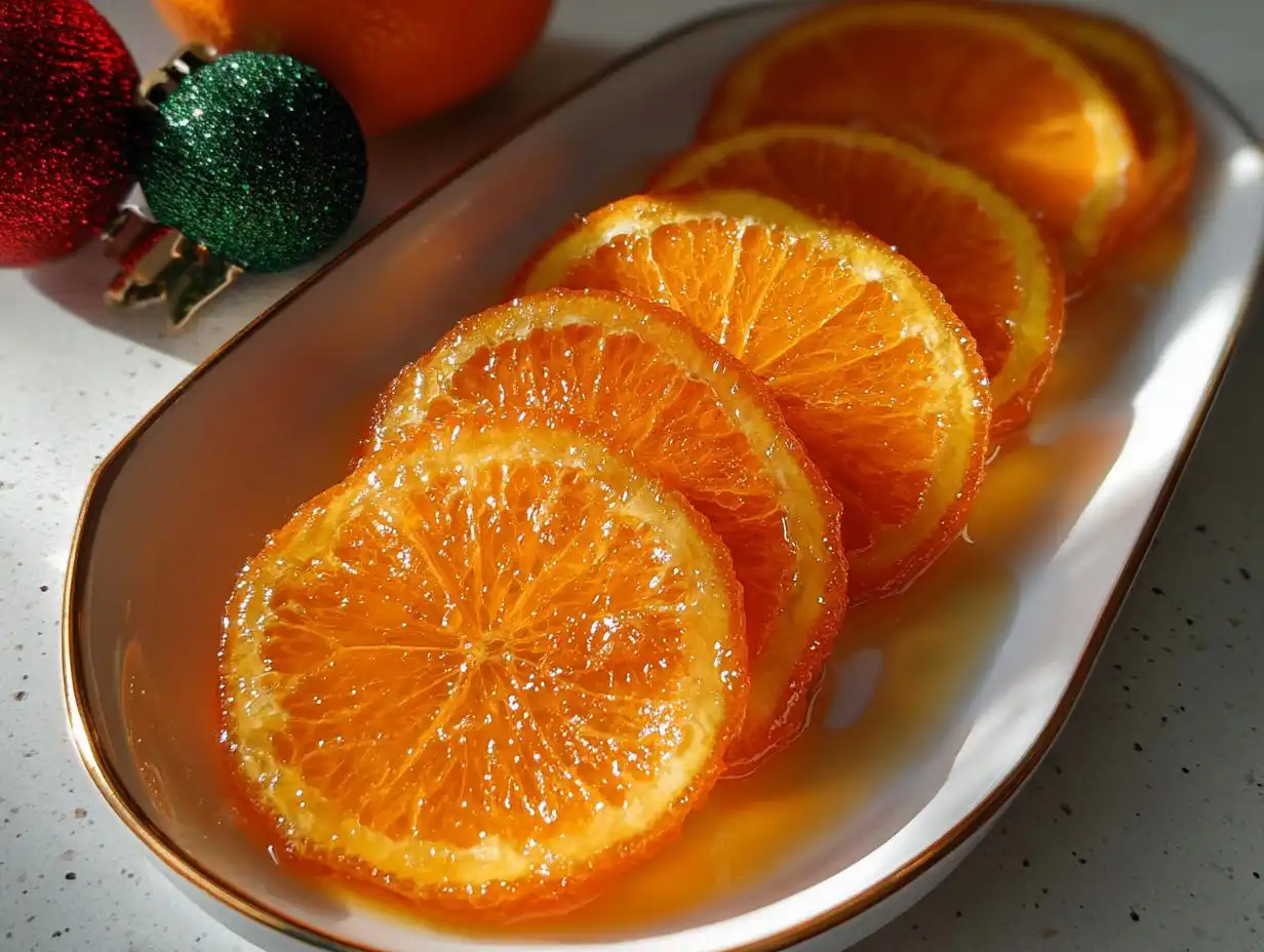 Close-up of glistening Candied Orange Slices with Vanilla Syrup arranged on a white platter.