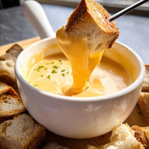 A piece of crusty bread being dipped into a white bowl of creamy Cheddar Cheese Fondue.