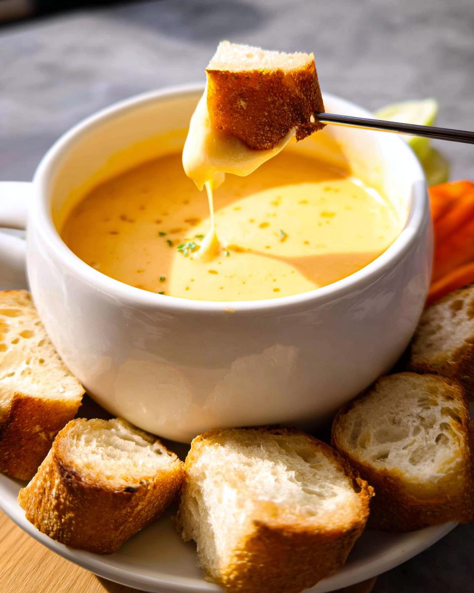 A piece of crusty bread being dipped into a white bowl of creamy Cheddar Cheese Fondue for Dipping Bread.