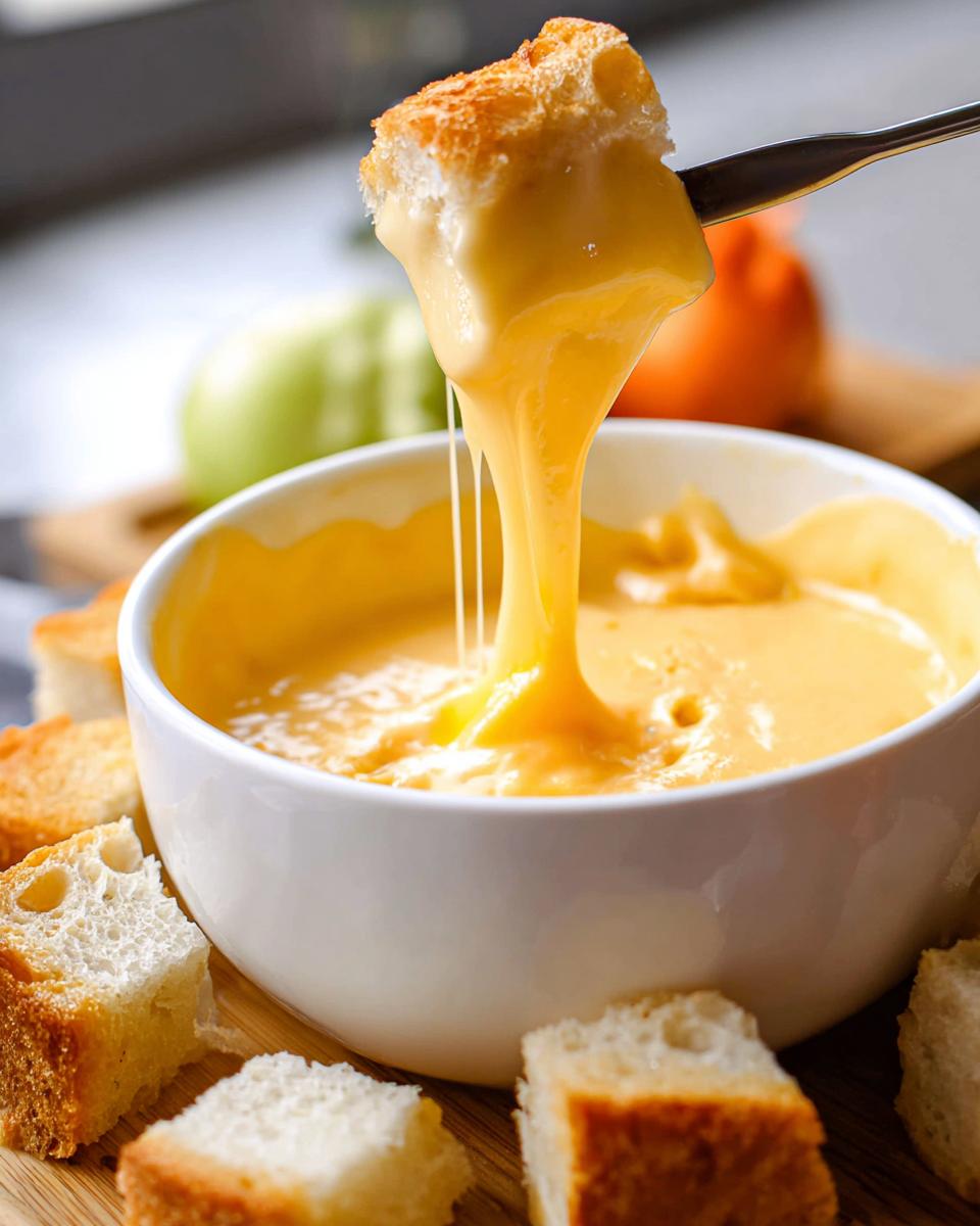 A piece of toasted bread is dipped into a white bowl of melted Cheddar Cheese Fondue, showing long cheese pulls.