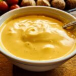 Close-up of creamy, golden Cheddar Cheese Fondue with Mustard in a white bowl, ready for dipping.