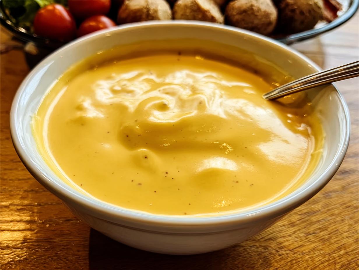 Close-up of creamy, golden Cheddar Cheese Fondue with Mustard in a white bowl, ready for dipping.