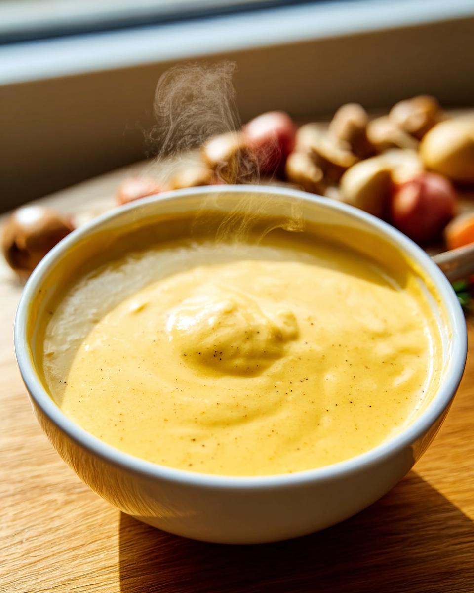 Close-up of hot, steaming Cheddar Cheese Fondue with Mustard in a white bowl on a wooden surface.
