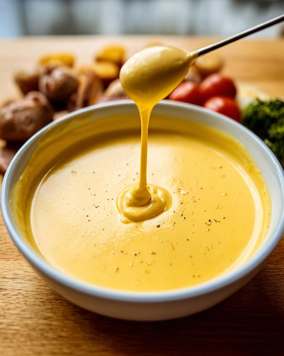 A close-up of smooth, yellow Cheddar Cheese Fondue with Mustard being drizzled back into the bowl from a spoon.