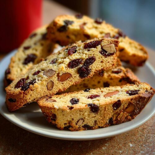 Close-up of several slices of Cherry Almond Chocolate Biscotti studded with dried cherries and whole almonds on a small white plate.