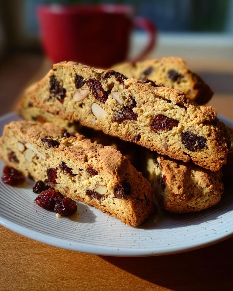 Close-up of several slices of Cherry Almond Chocolate Biscotti stacked on a white plate, showing almonds and dried cherries.