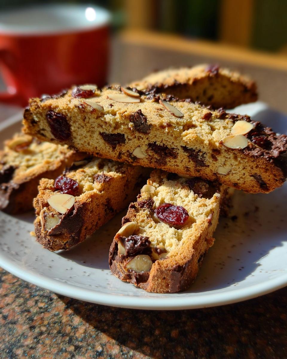 A stack of freshly baked Cherry Almond Chocolate Biscotti slices on a white plate, featuring dried cherries and sliced almonds.