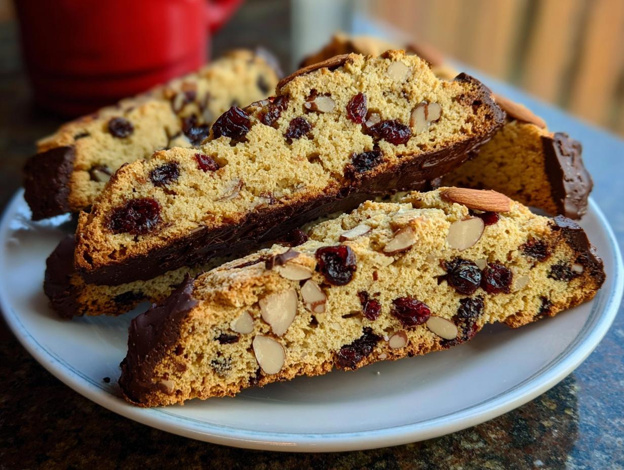Several slices of Cherry Almond Chocolate Biscotti, studded with dried cherries and almonds, dipped in dark chocolate.