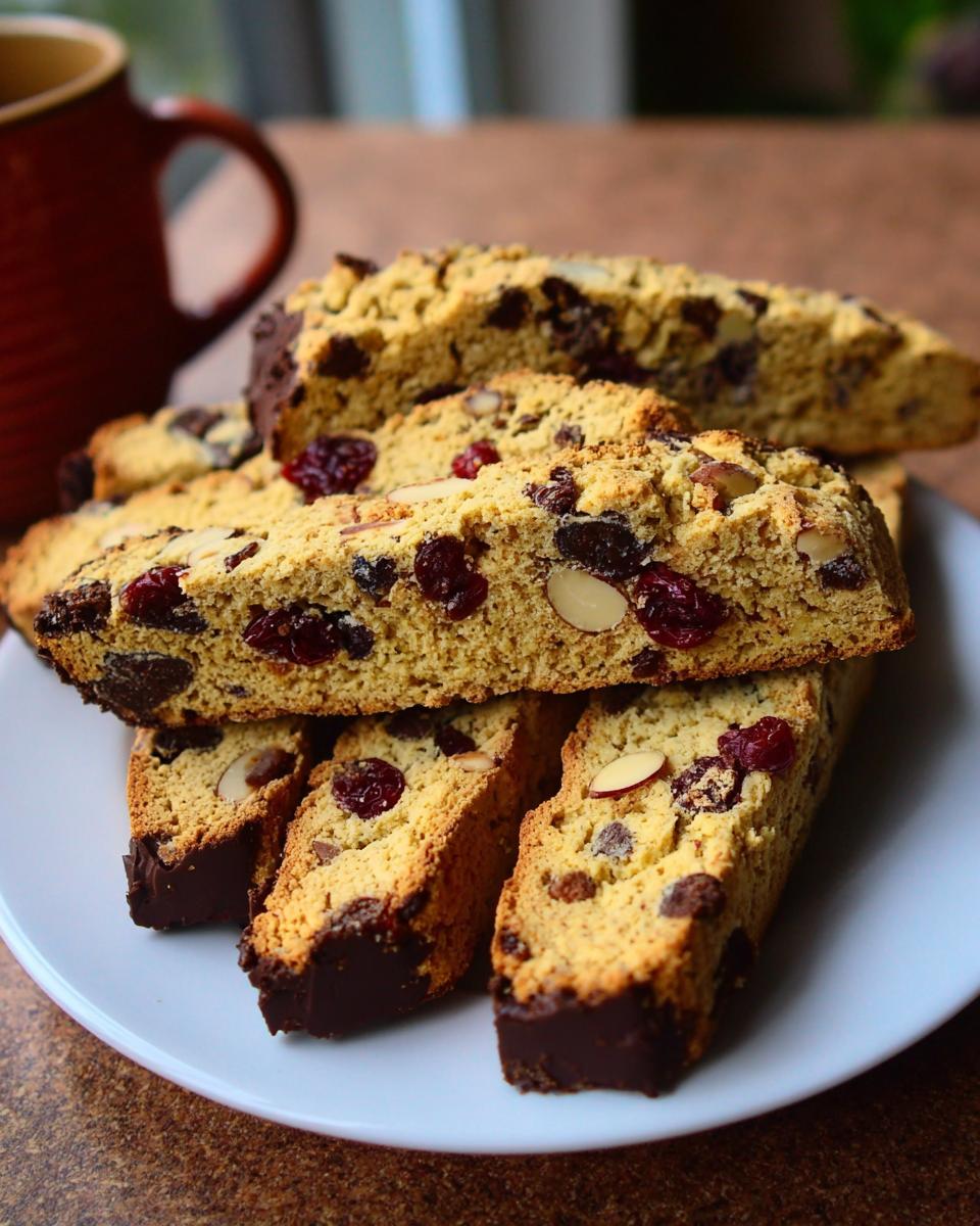 A stack of freshly baked Cherry Almond Chocolate Biscotti, dipped in dark chocolate, served on a white plate.
