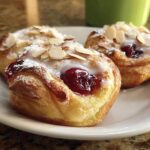 Three golden-brown Cherry Almond Danish Rolls topped with white icing, sliced almonds, and powdered sugar on a white plate.