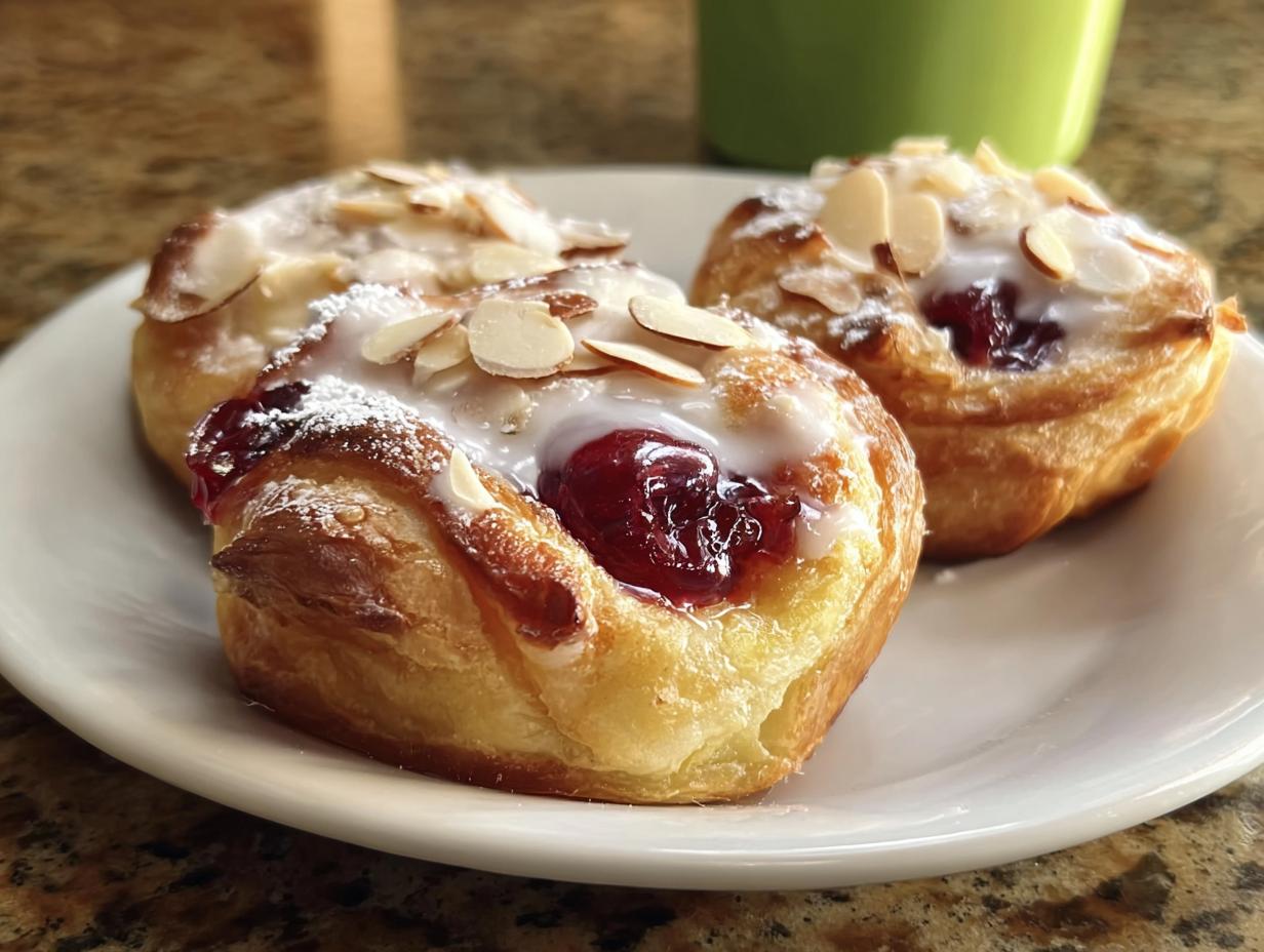 Three golden-brown Cherry Almond Danish Rolls topped with white icing, sliced almonds, and powdered sugar on a white plate.