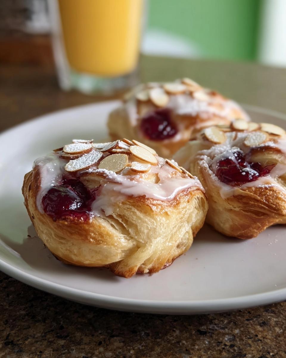Three flaky Cherry Almond Danish Rolls topped with white icing, sliced almonds, and cherry filling, served on a white plate.