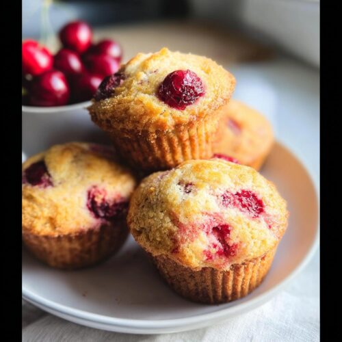 A stack of freshly baked Cherry Almond Flour Muffins with visible cherries on a white plate.