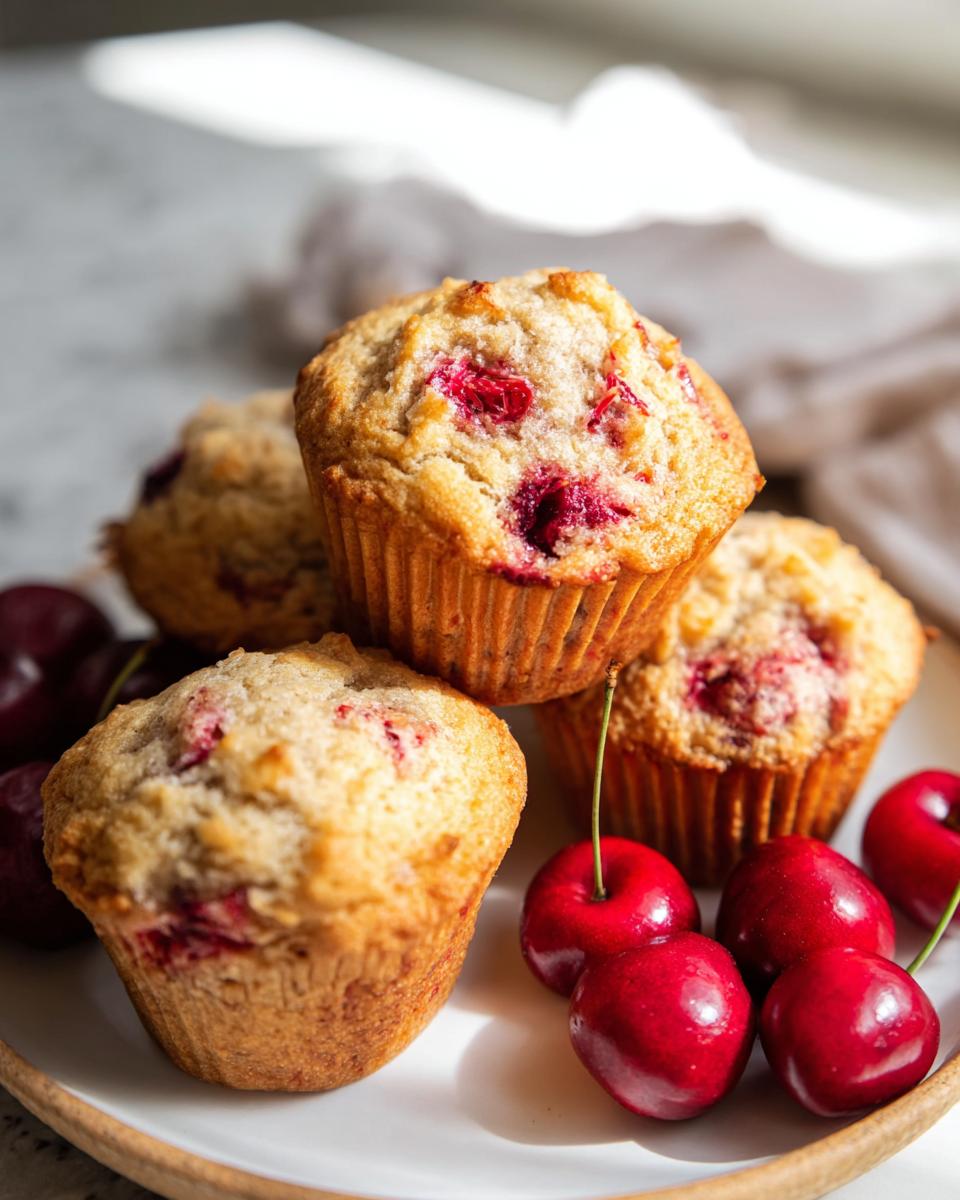 A stack of golden Cherry Almond Flour Muffins studded with bright red cherries, served on a white plate with fresh cherries.