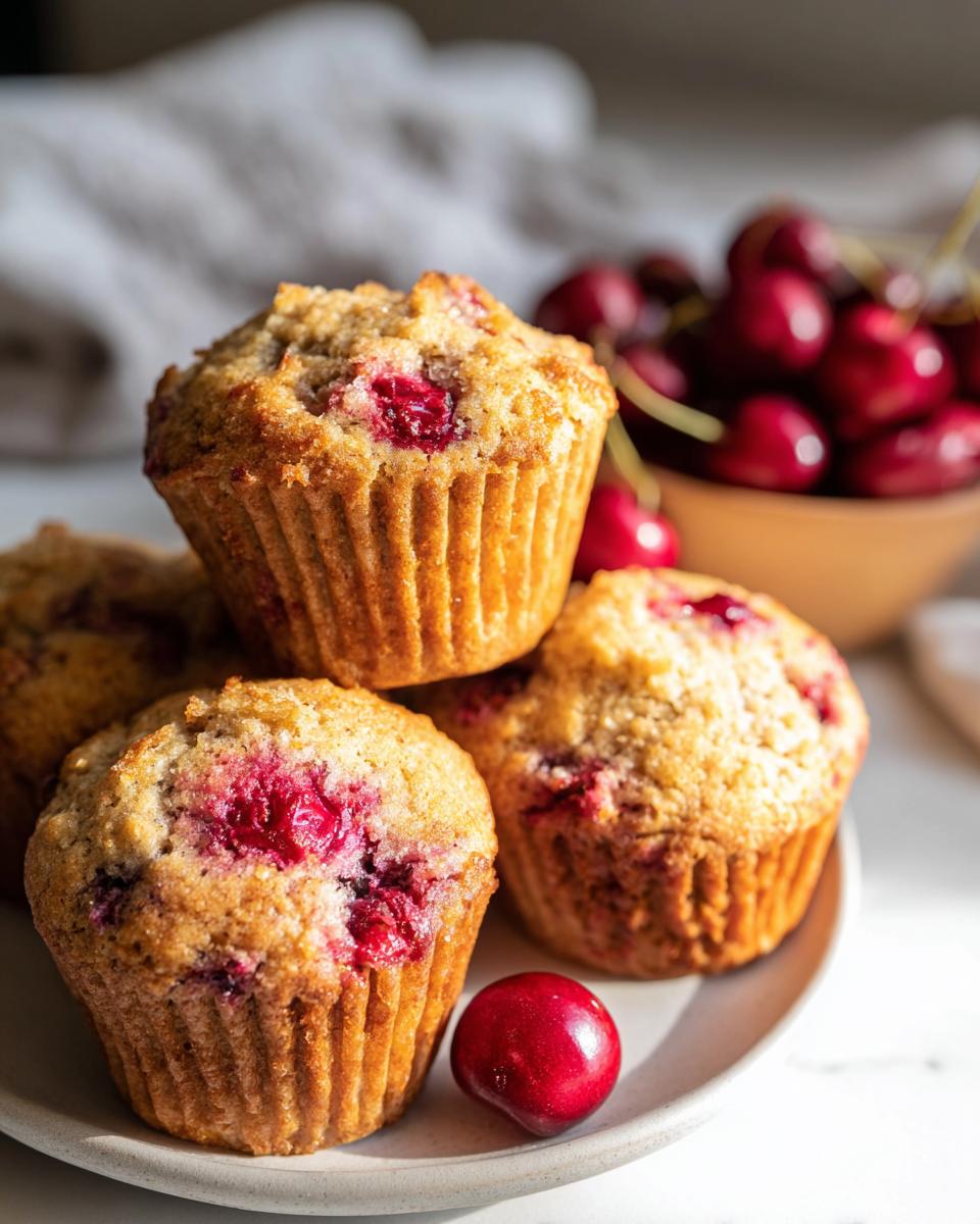 A stack of golden Cherry Almond Flour Muffins studded with bright red cherries, with fresh cherries in the background.