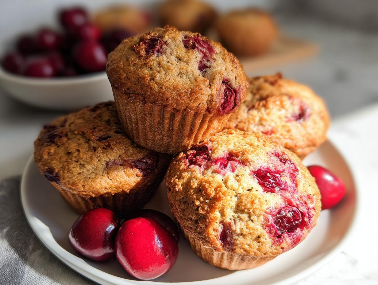 A stack of four golden brown Cherry Almond Flour Muffins studded with bright red cherries, served on a white plate with fresh cherries.