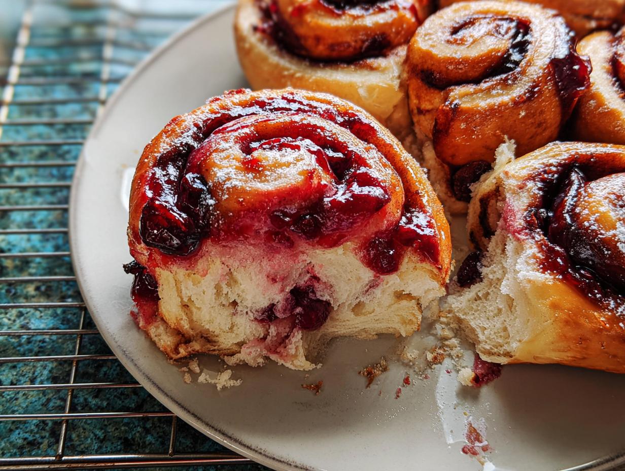 A close-up of soft, glazed Cherry Cardamom Sweet Rolls on a plate, showing the rich cherry filling and fluffy interior.