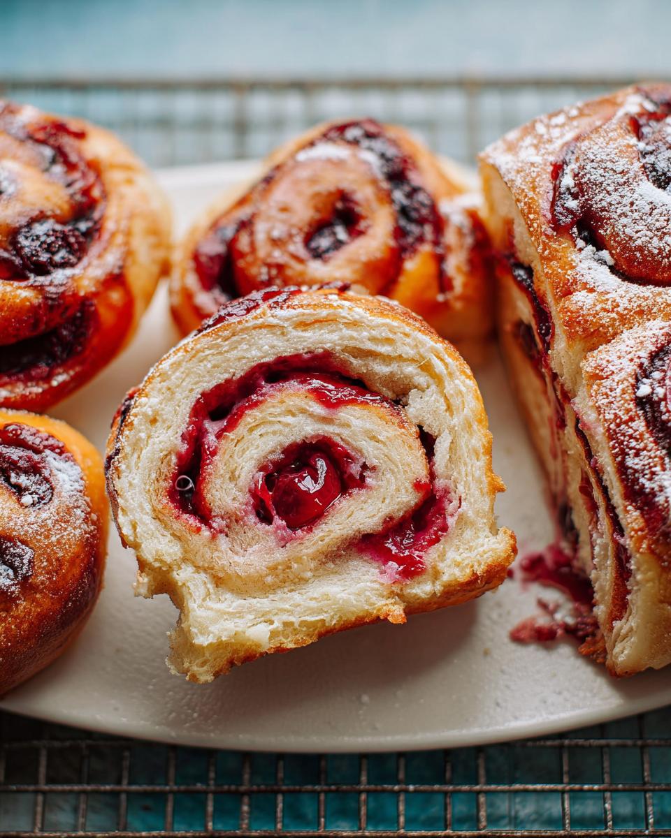 Close-up of a sliced Cherry Cardamom Sweet Roll showing the swirl of cherry filling and soft dough, dusted with powdered sugar.