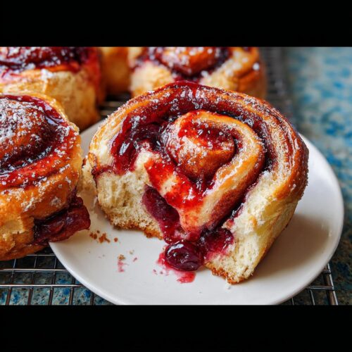 A close-up of a soft, gooey Cherry Cardamom Sweet Roll cut open, showing the rich cherry filling and dusting of powdered sugar.