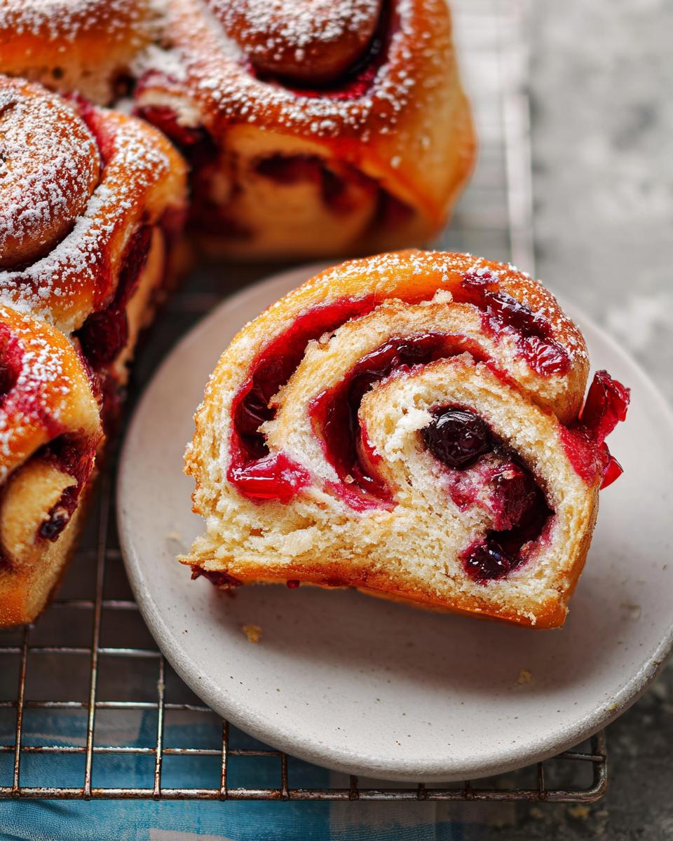 Close-up of a sliced Cherry Cardamom Sweet Roll showing the swirl of cherry filling, resting on a plate next to others on a cooling rack.