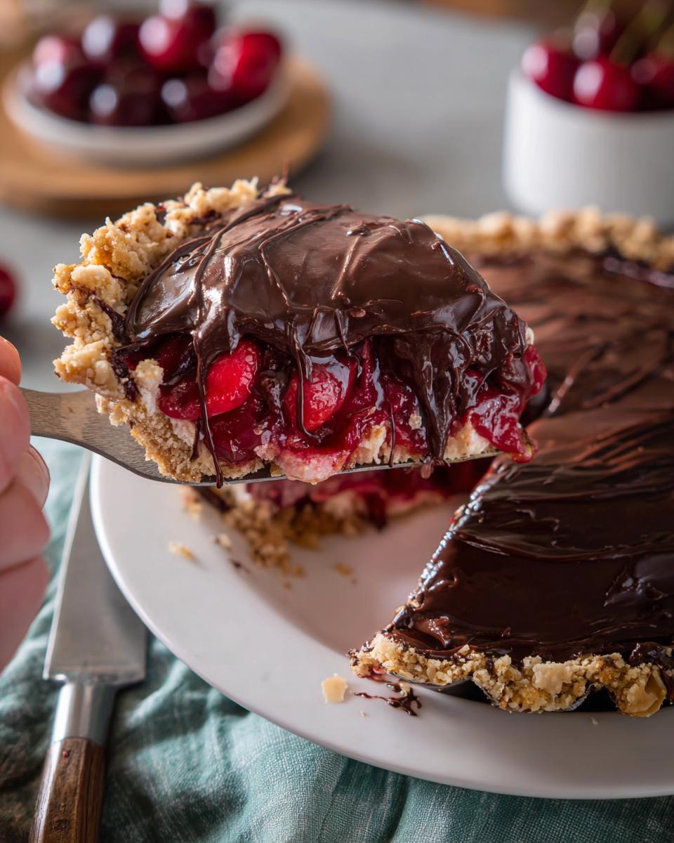 A slice of Cherry Chocolate Ganache Pie being lifted from the whole pie, showing cherry filling and thick chocolate ganache topping.