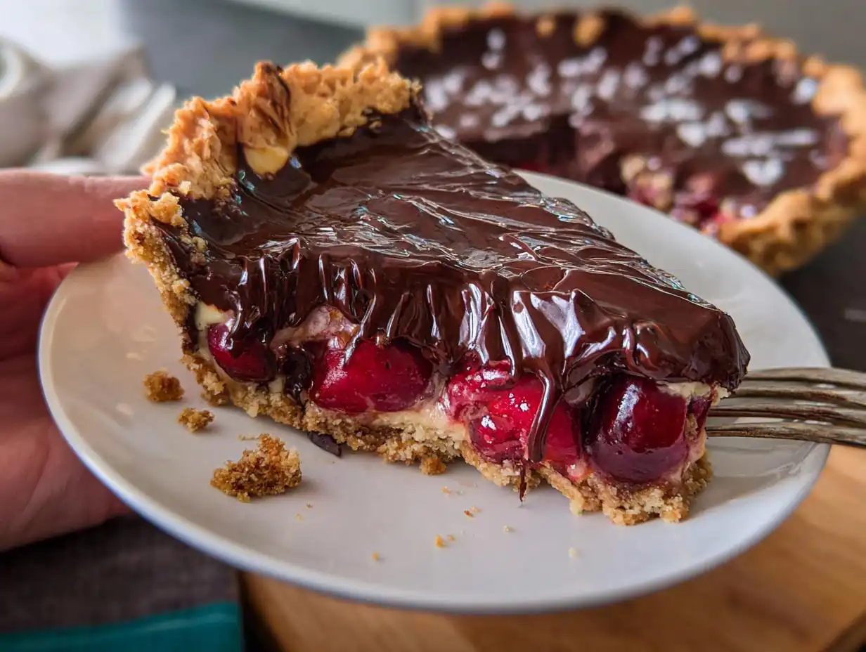 A decadent slice of Cherry Chocolate Ganache Pie showing a thick chocolate topping over bright red cherries in a crumbly crust.