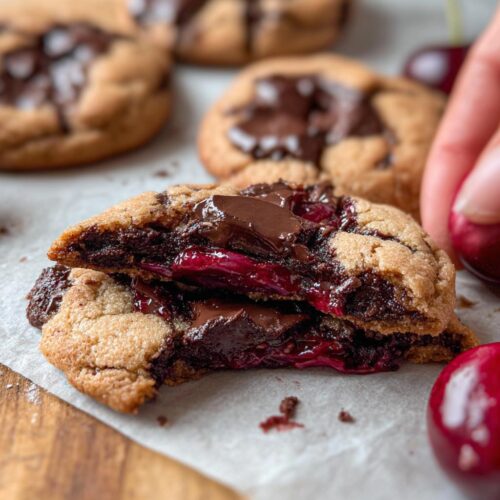 A close-up of a Cherry Chocolate Stuffed Cookie broken in half, showing melted chocolate and bright red cherry filling.