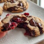 Close-up of a hand breaking open a Cherry Chocolate Stuffed Cookie, revealing gooey melted chocolate and bright red cherry filling.