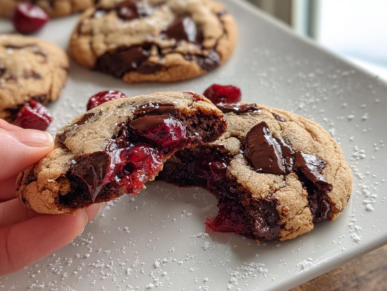 Close-up of a hand breaking open a Cherry Chocolate Stuffed Cookie, revealing gooey melted chocolate and bright red cherry filling.