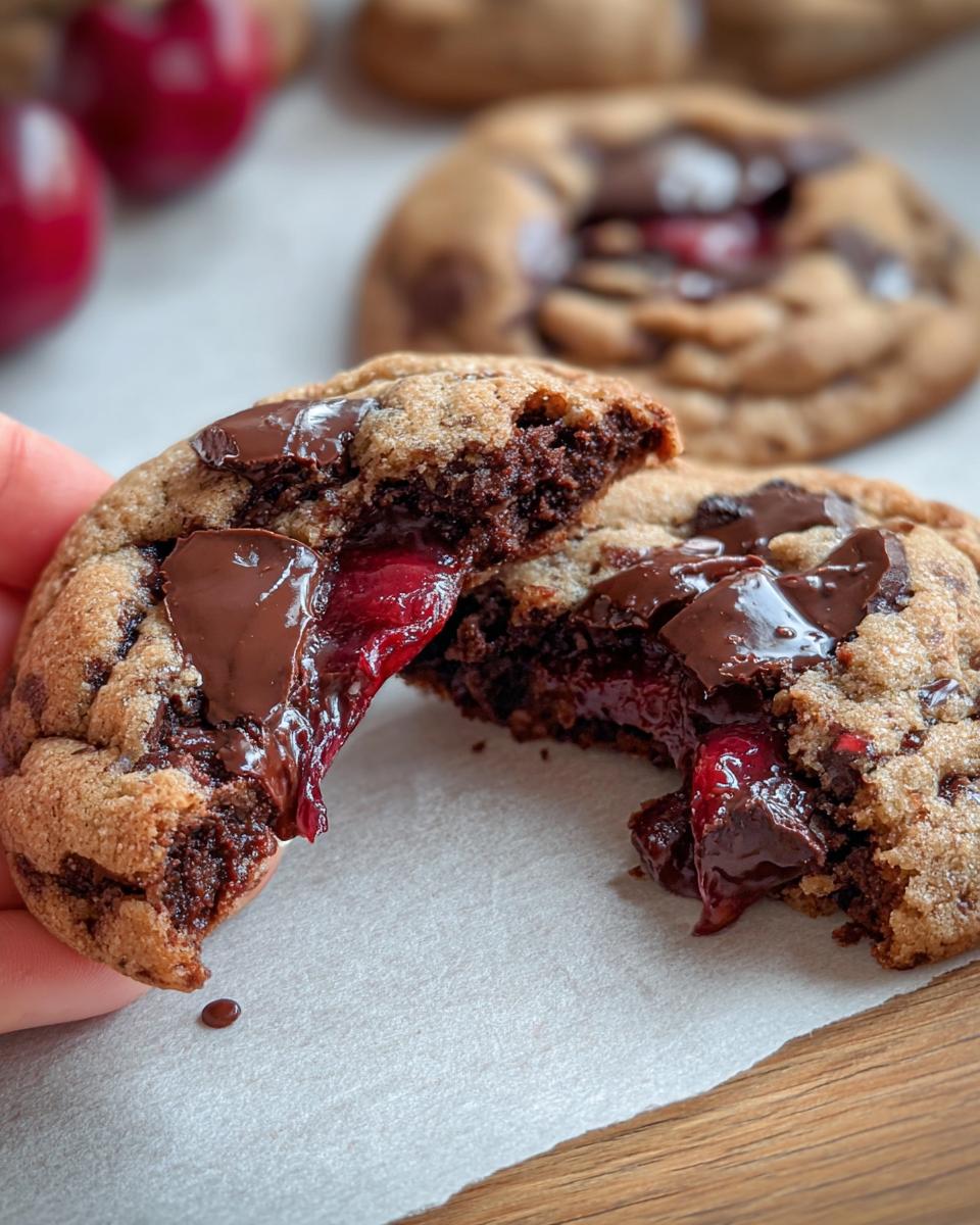 A hand pulling apart a warm Cherry Chocolate Stuffed Cookie, revealing melted chocolate and bright red cherry filling.