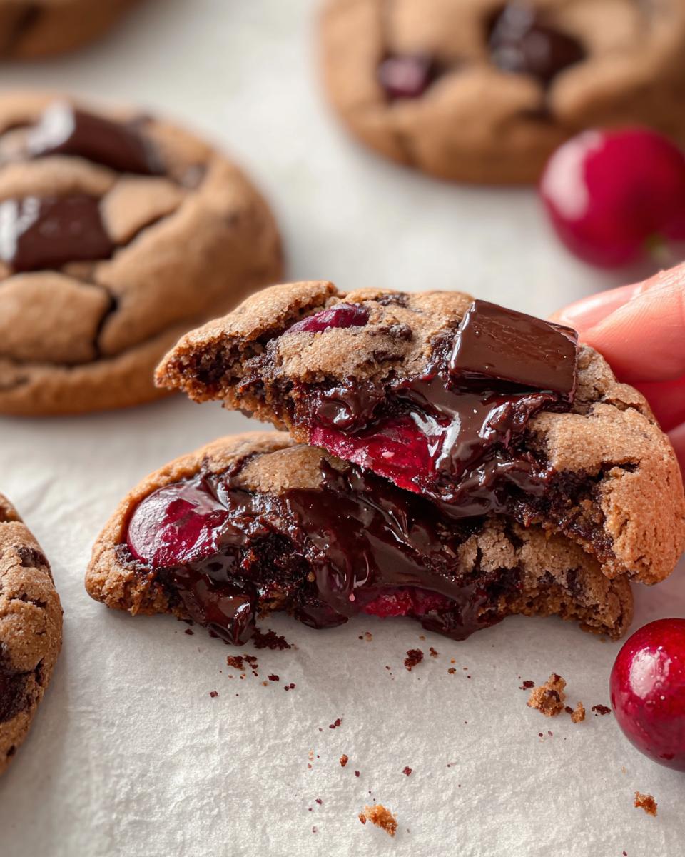 A hand pulling apart a Cherry Chocolate Stuffed Cookie, revealing a molten center of dark chocolate and bright red cherry filling.