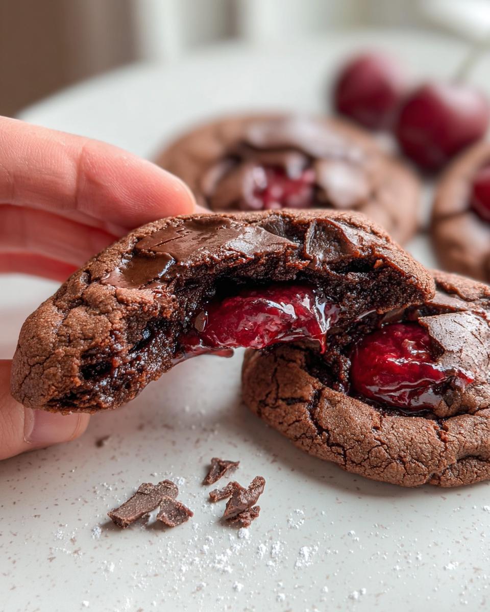 A hand breaking open a rich chocolate cookie to reveal a gooey, bright red cherry filling in these Cherry Chocolate Stuffed Cookies.