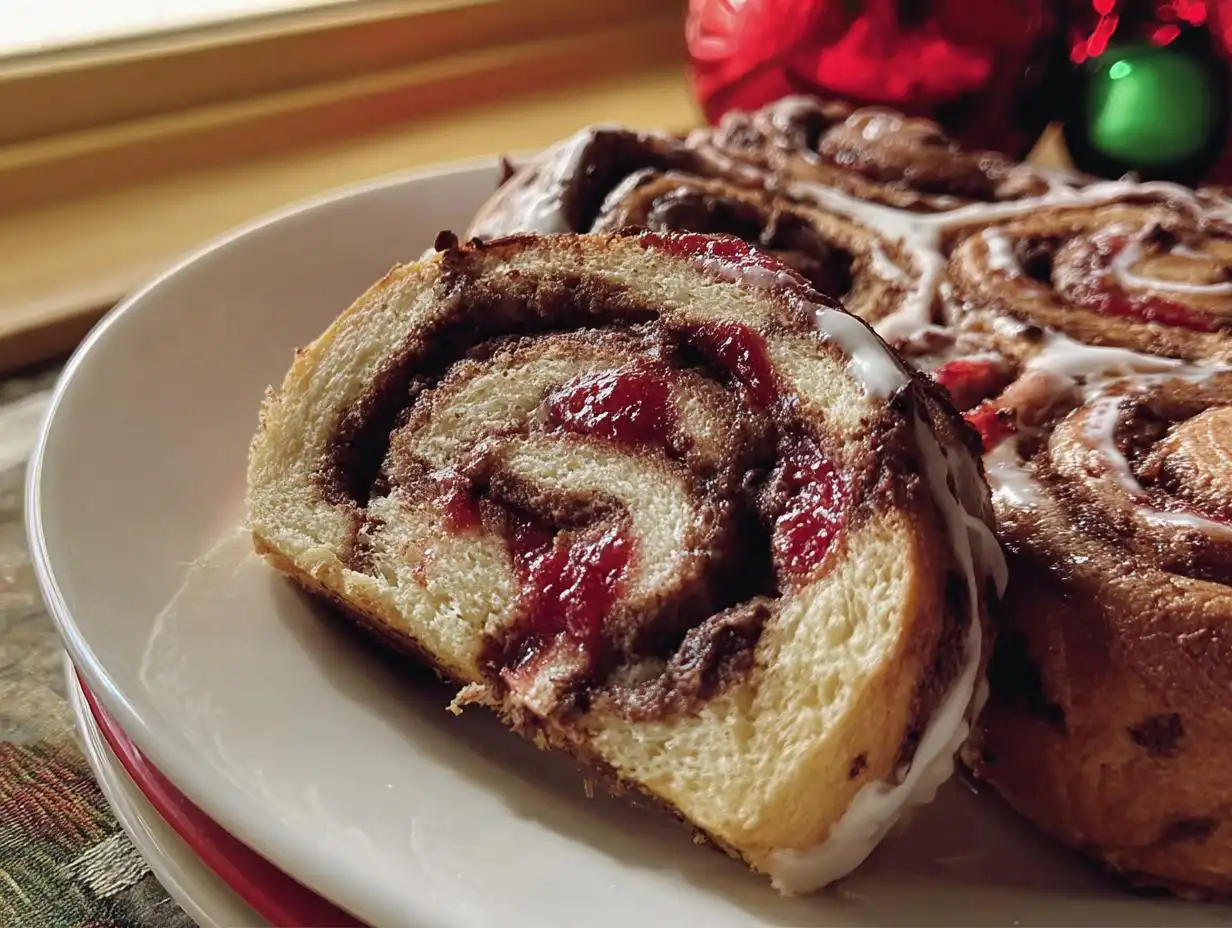 Close-up of a slice of Cherry Chocolate Swirl Rolls showing the sweet cherry filling and chocolate swirl, topped with white icing.