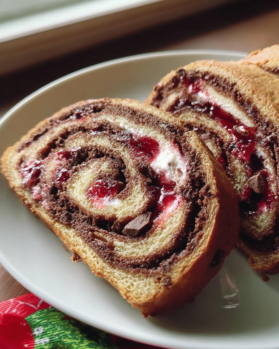 Two thick slices of Cherry Chocolate Swirl Rolls showing the beautiful swirl pattern of dough, chocolate, and cherry filling.