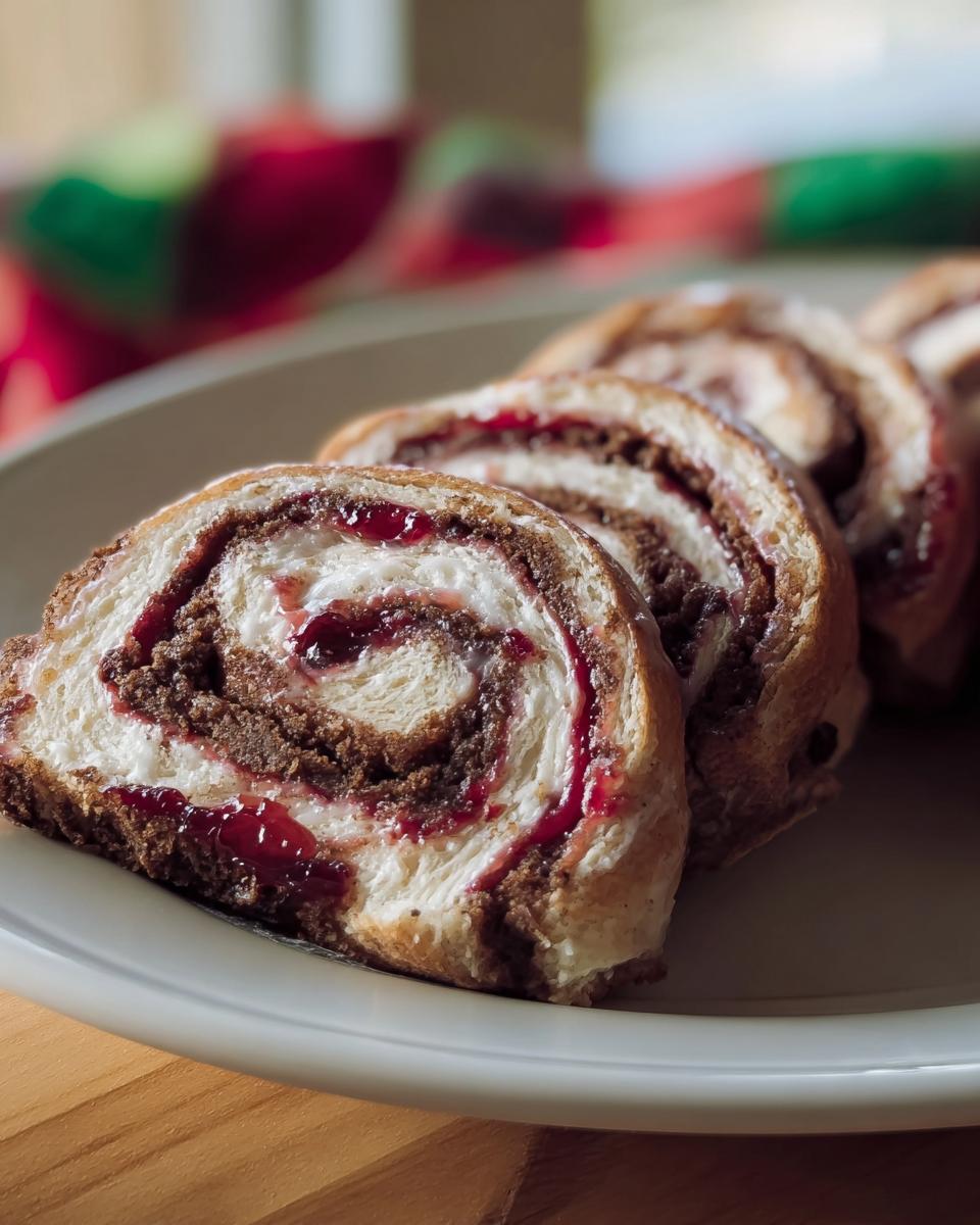 Close-up of several slices of Cherry Chocolate Swirl Rolls showing the white dough, dark chocolate swirl, and bright red cherry filling.