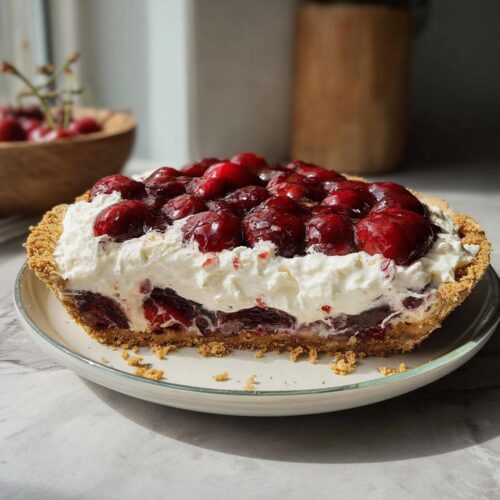 A close-up view of a slice of Cherry Coconut Cream Pie with a graham cracker crust, cream filling, and cherry topping.