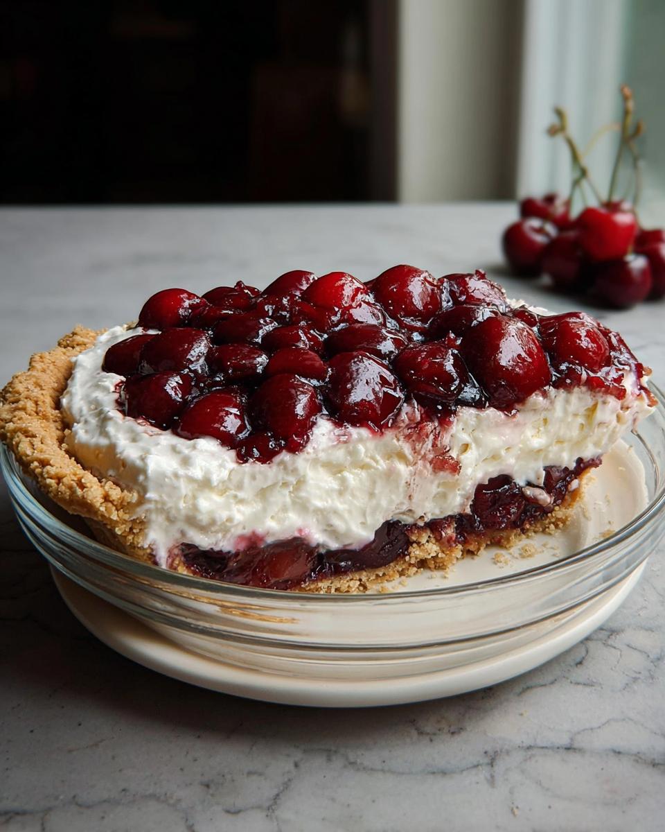 A close-up slice of Cherry Coconut Cream Pie featuring a graham cracker crust, thick cream filling, and glossy cherry topping.