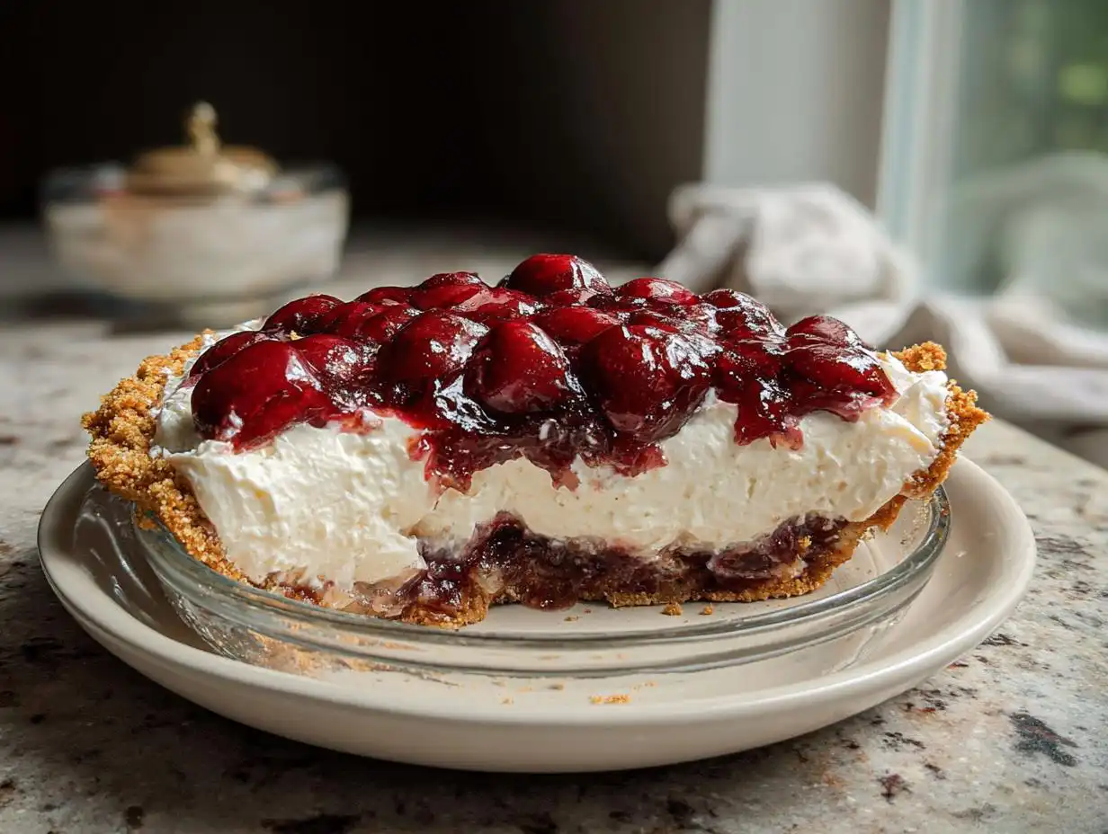 A thick slice of Cherry Coconut Cream Pie showing the graham cracker crust, creamy filling, and cherry topping.